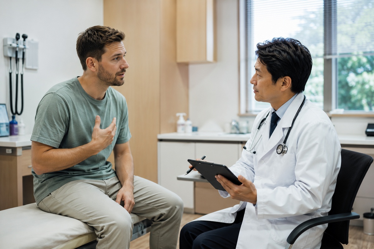 Doctor listening to a traveler during a medical consultation in Japan