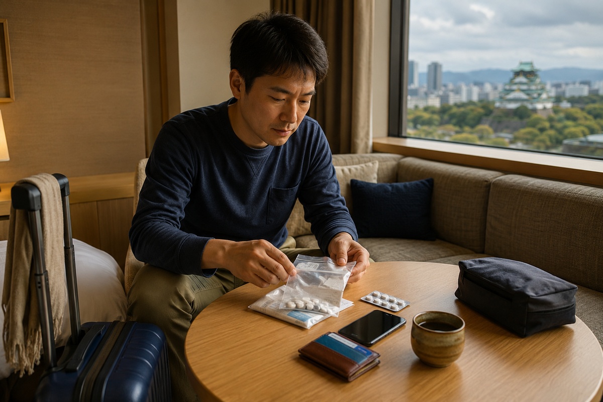 Traveler organizing medicine and carry-on items before sightseeing in Japan