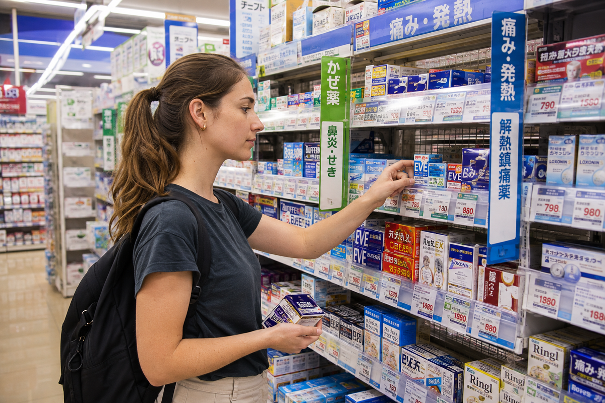 Traveler choosing over-the-counter medicine from a Japanese drugstore shelf