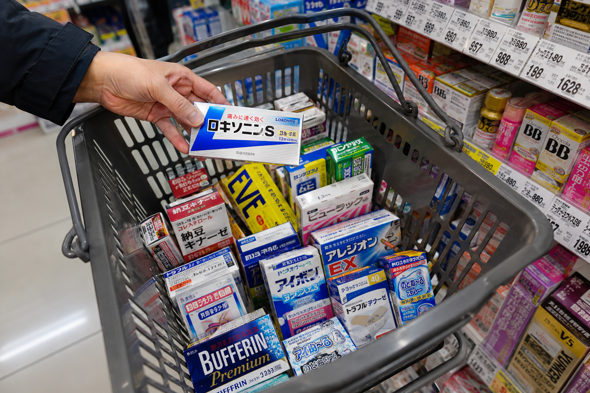 Shopper reviewing over-the-counter medicine in a Japanese drugstore basket