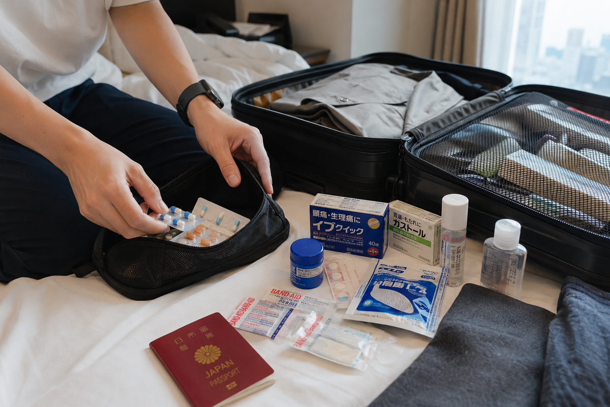 Traveler packing medicine and health items into a travel pouch beside an open suitcase