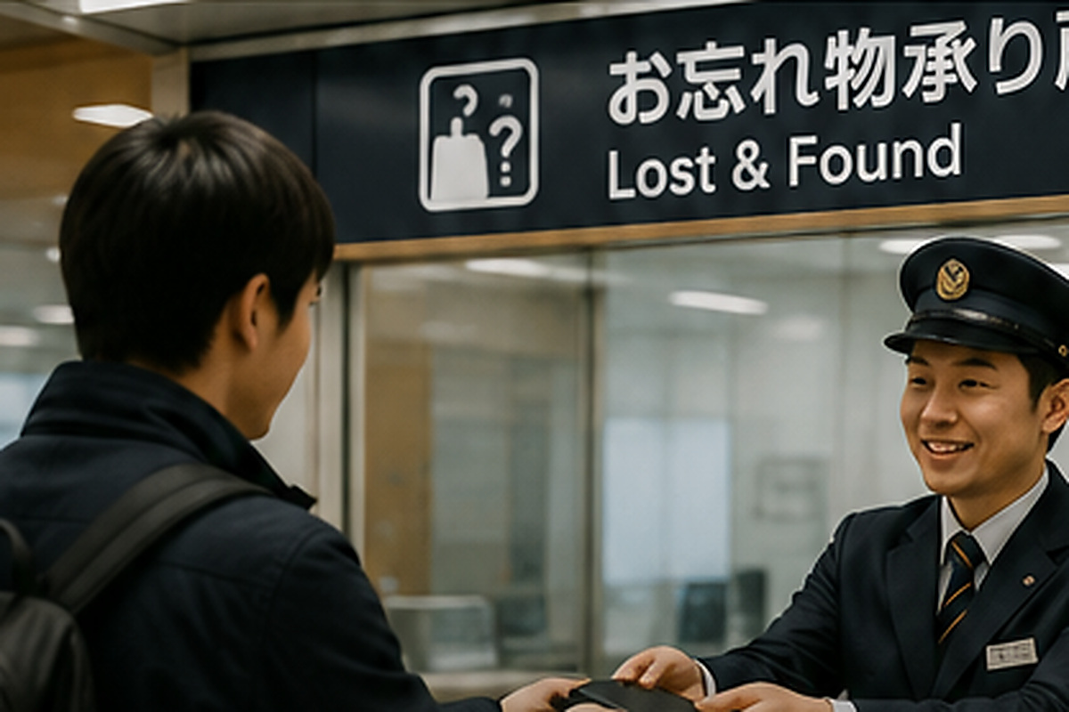 Traveler receiving help at a Japanese railway lost-and-found counter