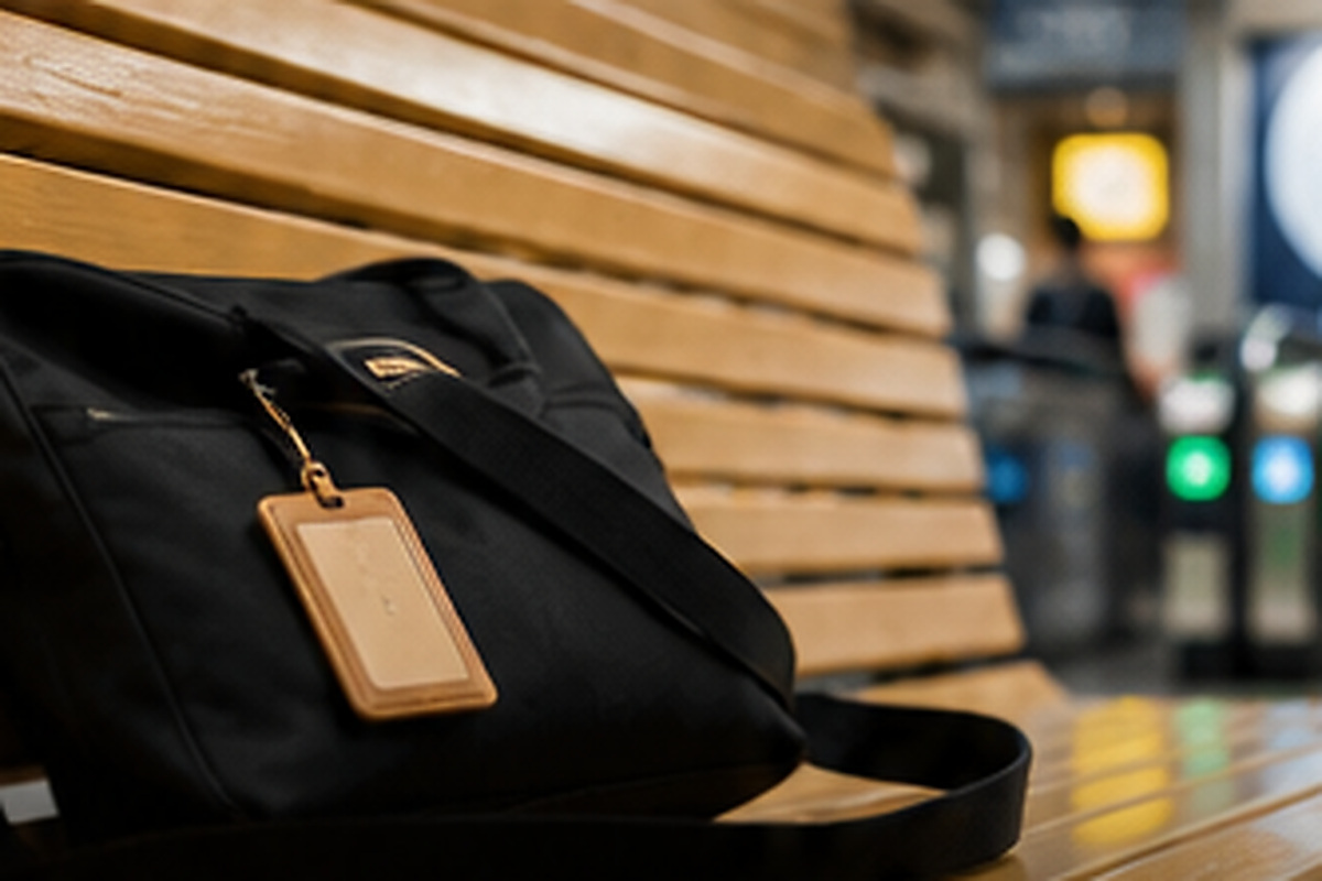 Travel bag left on a bench inside a Japanese railway station
