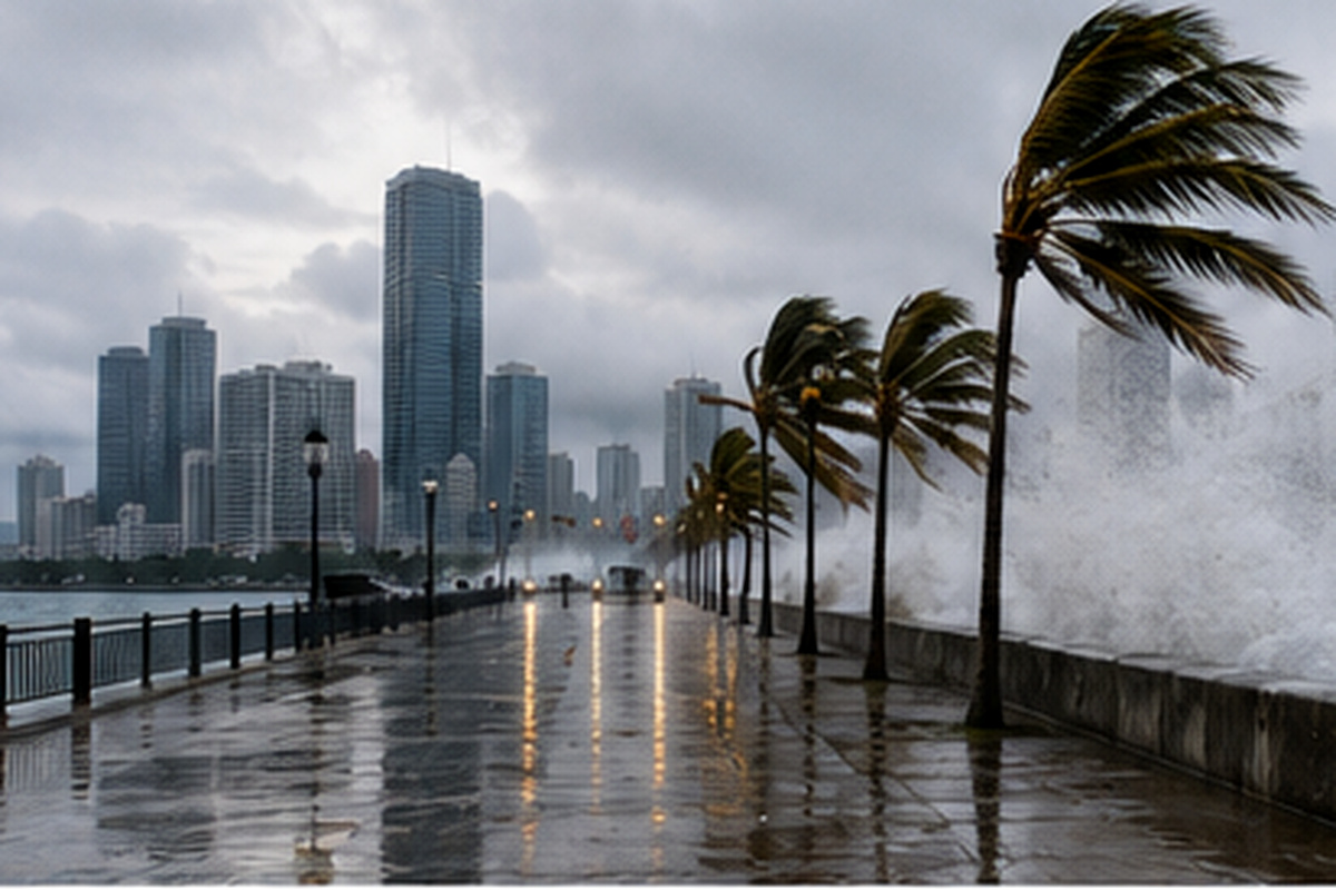 Strong typhoon wind and rain along an urban waterfront in Japan