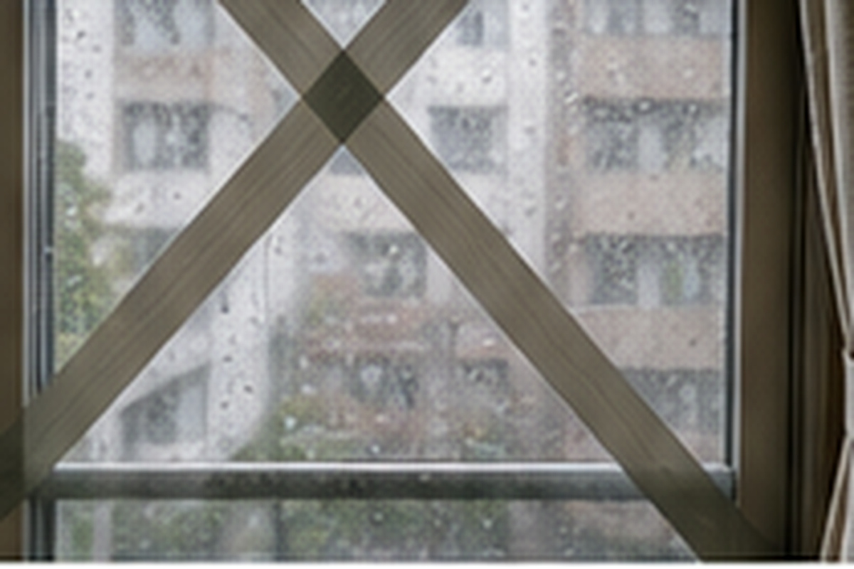 Hotel window during heavy typhoon rain in Japan