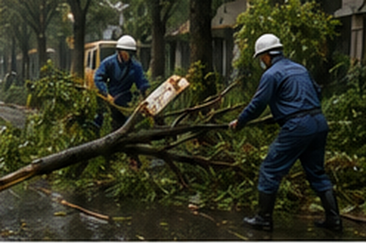 Workers clearing a fallen tree after a typhoon in Japan