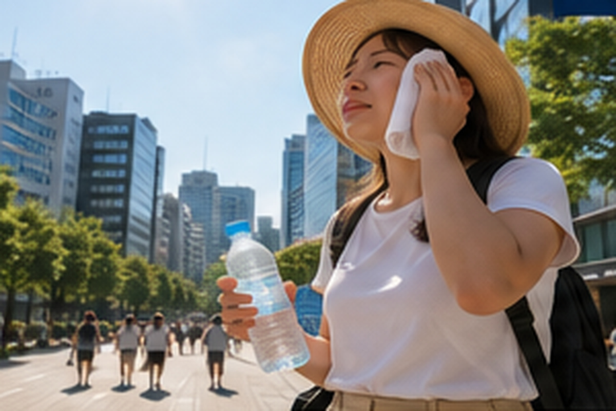 Traveler carrying water and cooling off during a hot summer day in Japan