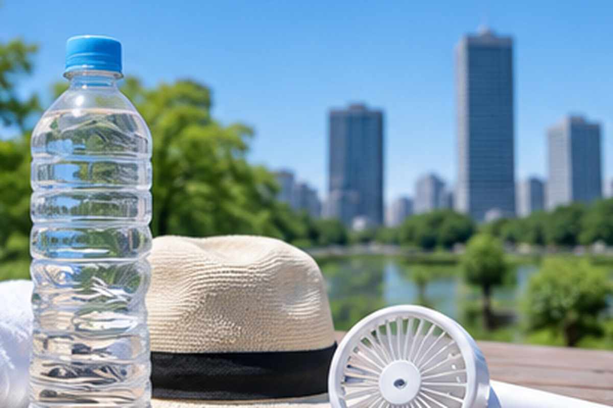 Water, sun hat and portable fan for a hot sightseeing day in Japan