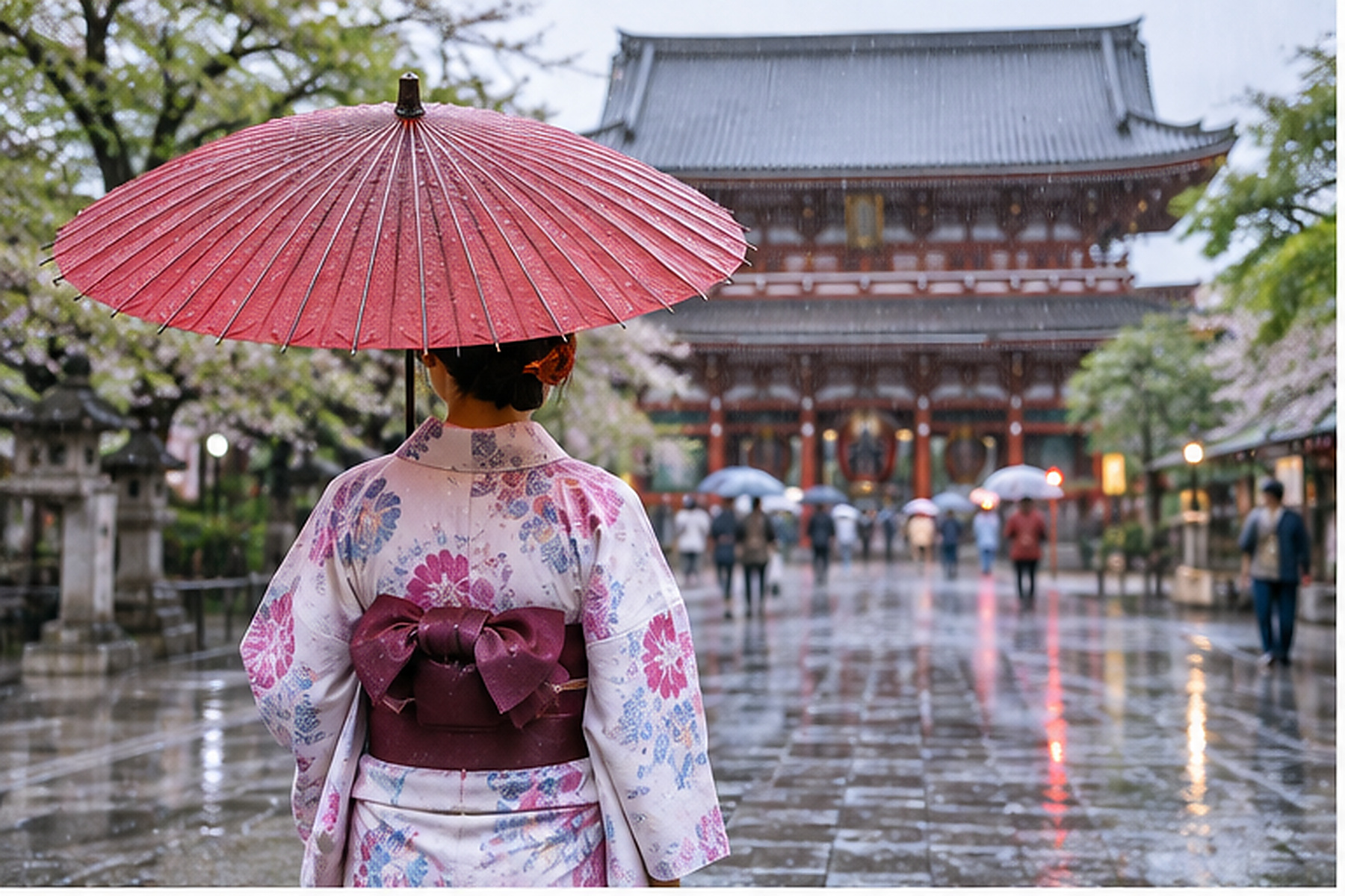 Traveler carrying an umbrella near a Japanese temple in steady rain