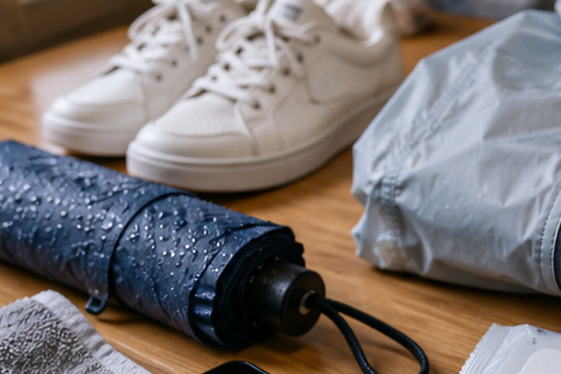 Compact umbrella, lightweight rain jacket, walking shoes and travel gear prepared for rainy weather