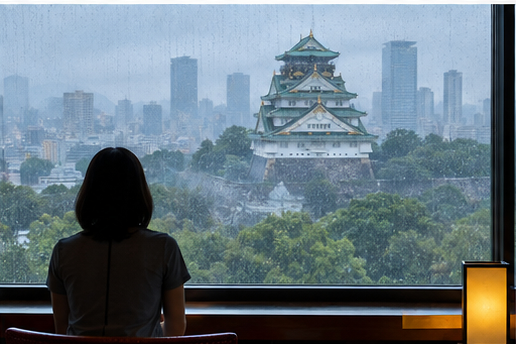Traveler viewing a rain-soaked Japanese city and castle from indoors