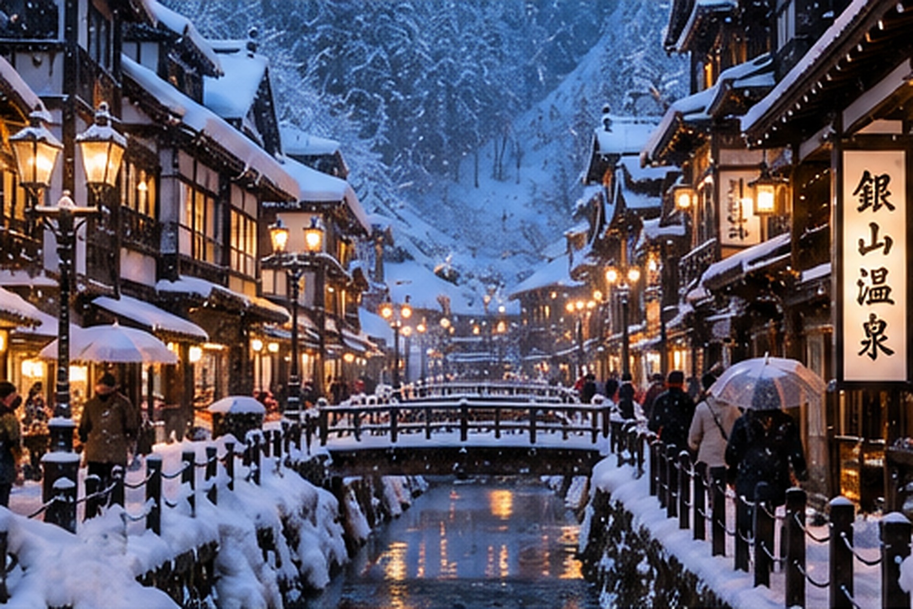 Snowy Japanese hot spring town at dusk