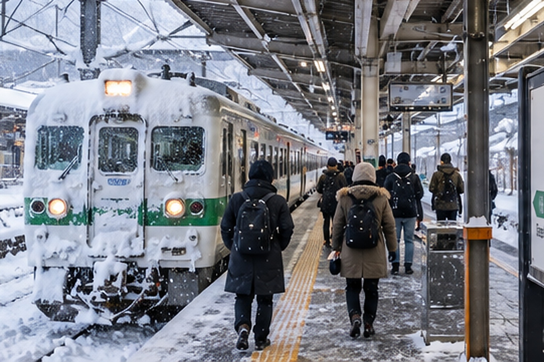 Travelers at a snow-covered railway station in Japan