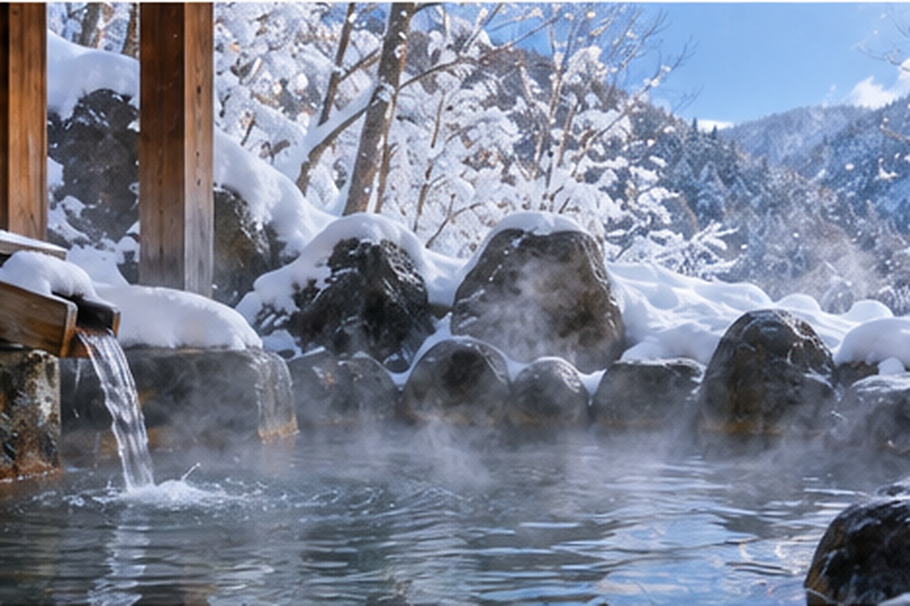Outdoor hot spring surrounded by snow in Japan