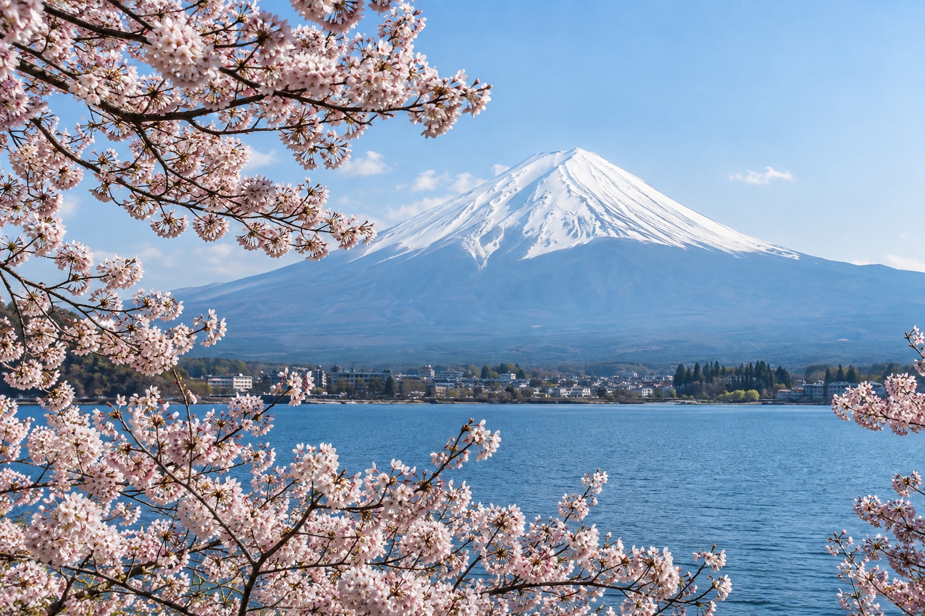 Mount Fuji viewed across a lake with cherry blossoms in the foreground