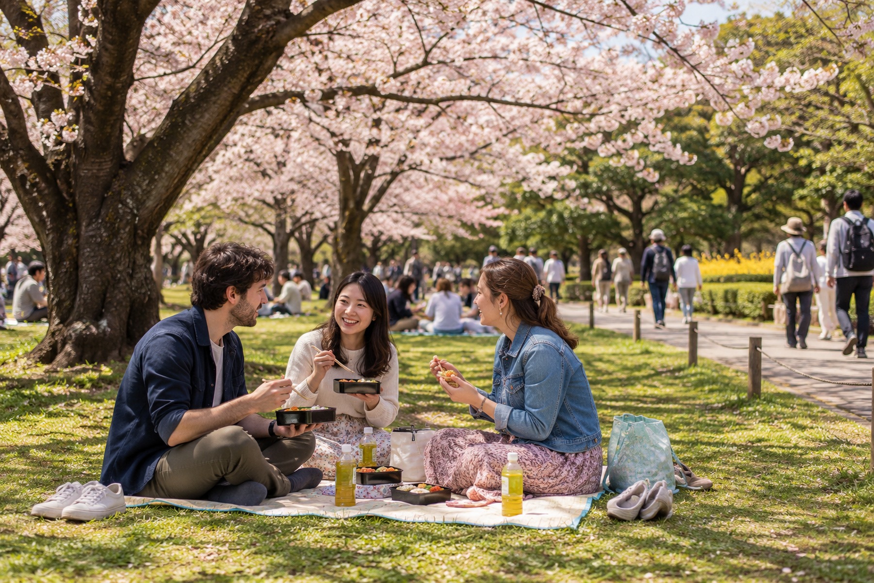 Friends sharing a tidy hanami picnic under cherry blossoms