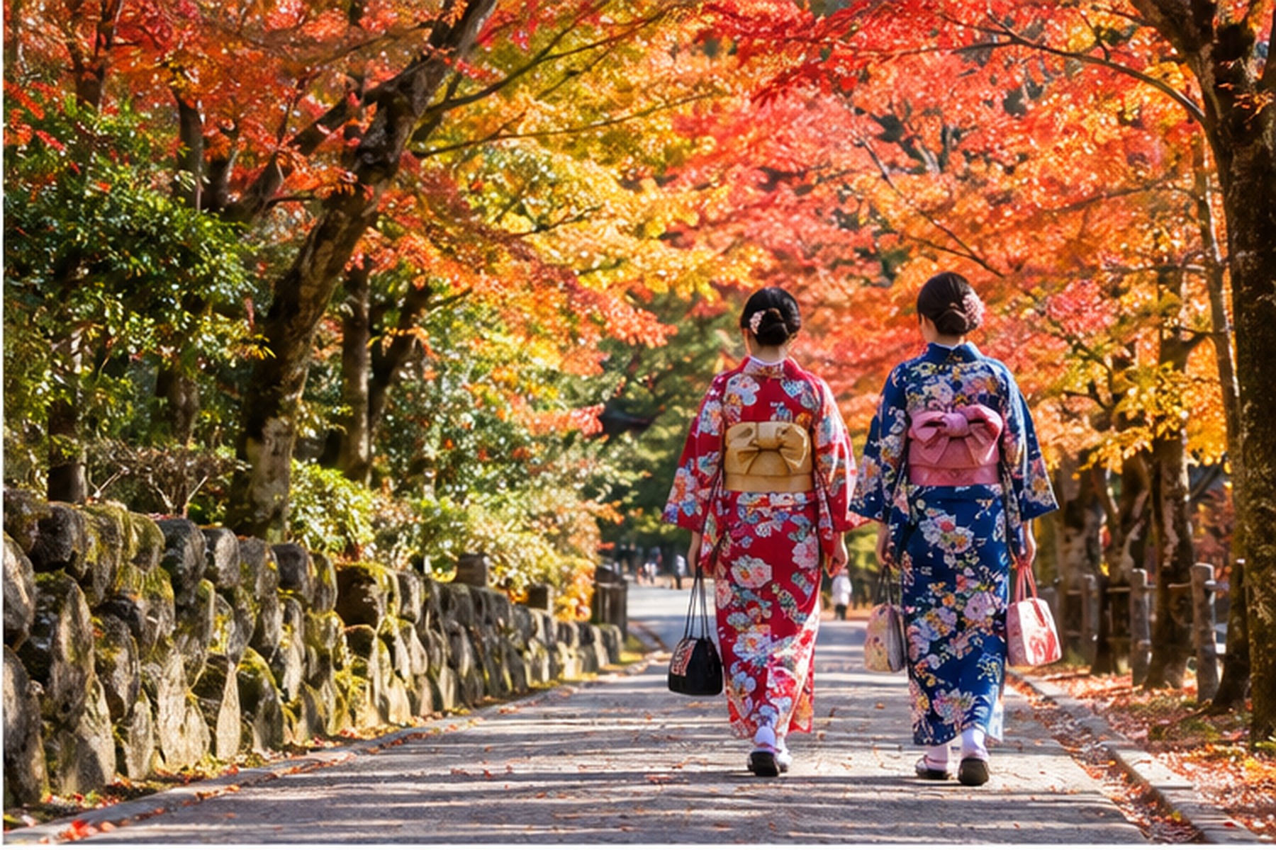 Visitors walking along a stone-lined path beneath red and orange autumn maple trees