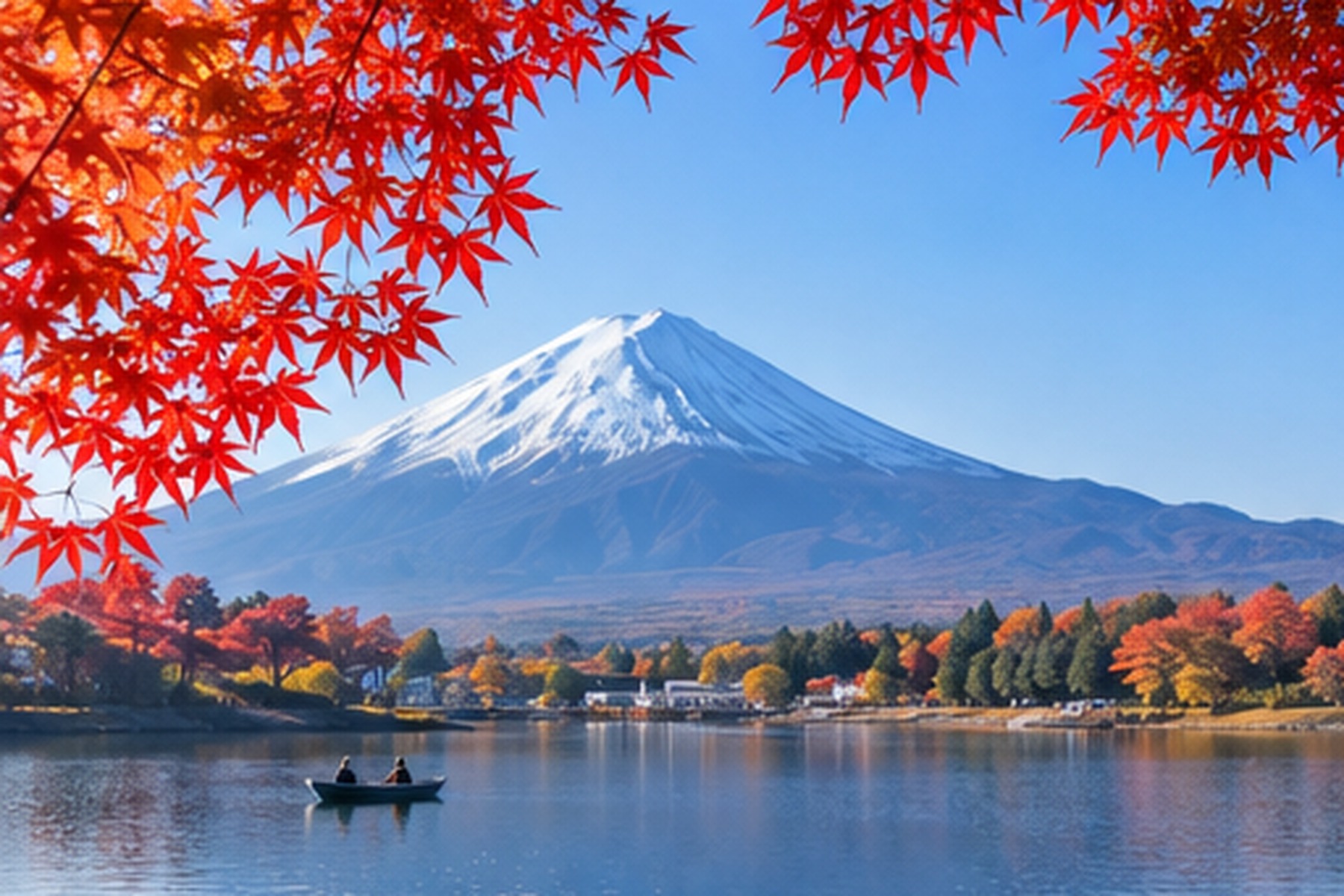 Mount Fuji above a calm lake framed by red maple leaves and autumn trees