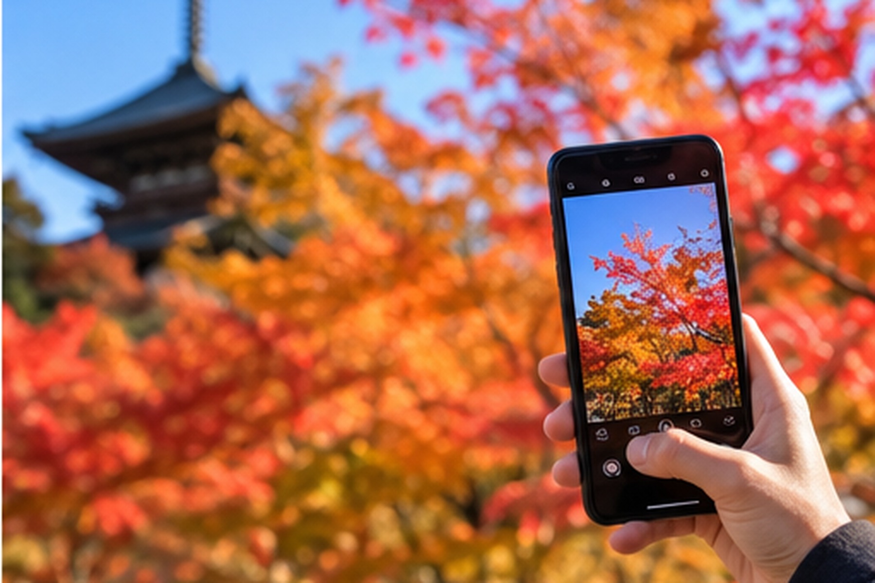 Hand holding a smartphone to photograph bright autumn leaves with a pagoda in the background