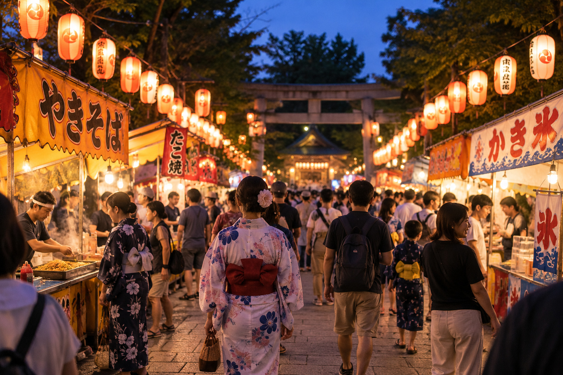 Lantern-lit Japanese festival walkway with food stalls, crowds and visitors wearing yukata