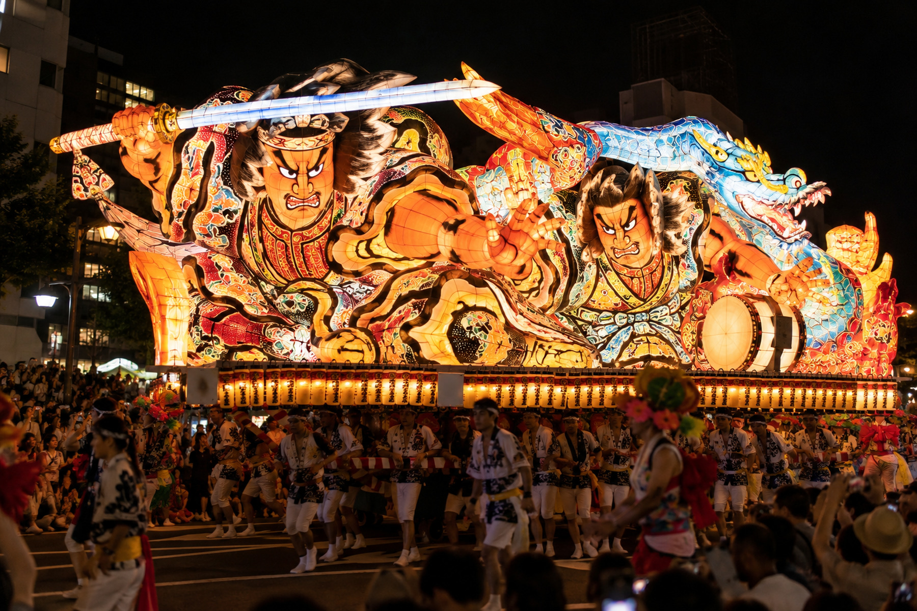 Huge illuminated nebuta-style warrior float moving through a nighttime festival crowd