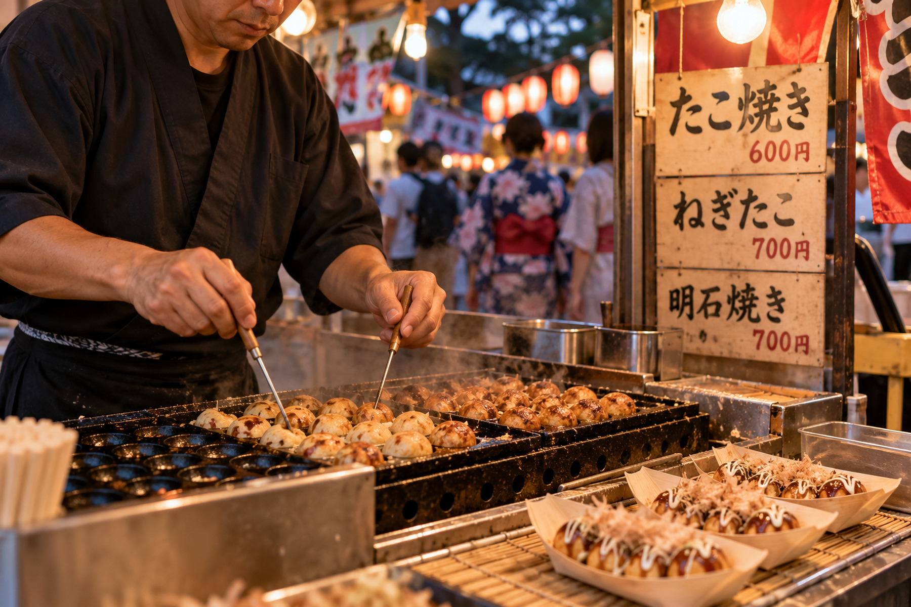 Festival food vendor cooking takoyaki on a hot griddle at a Japanese yatai stall