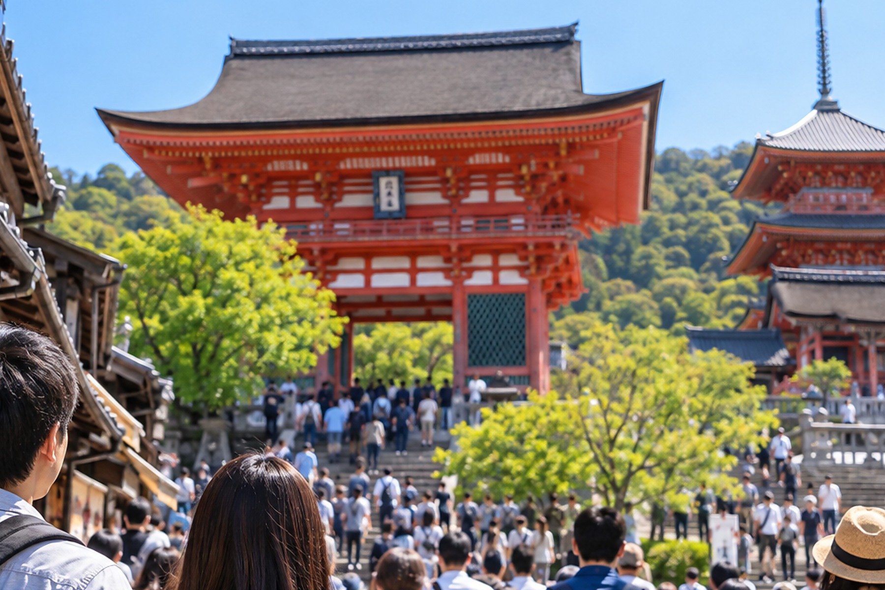 Large spring crowd approaching a historic temple gate in Japan