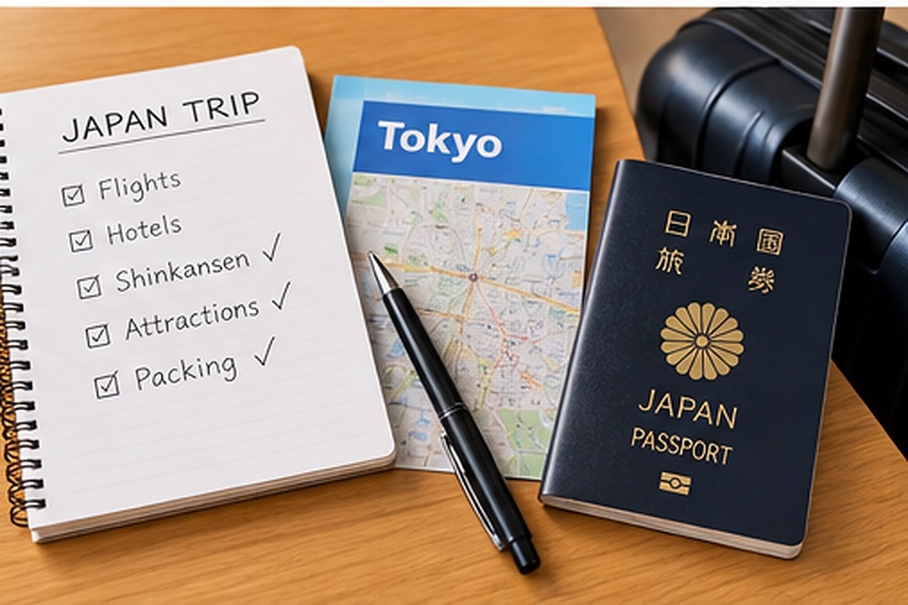 Japan trip planning notebook with hotel, rail and attraction checklist beside a Tokyo map and passport