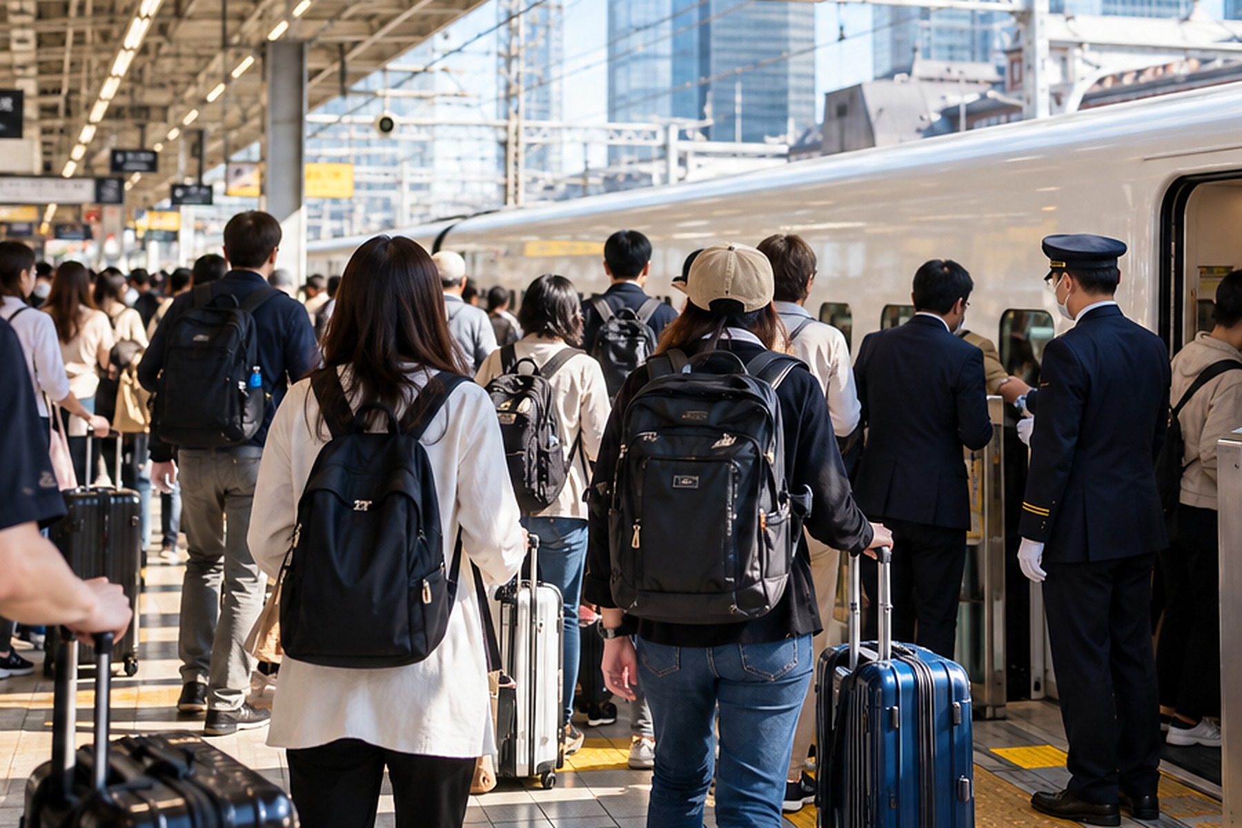 Travelers with luggage boarding a Shinkansen during a busy travel period