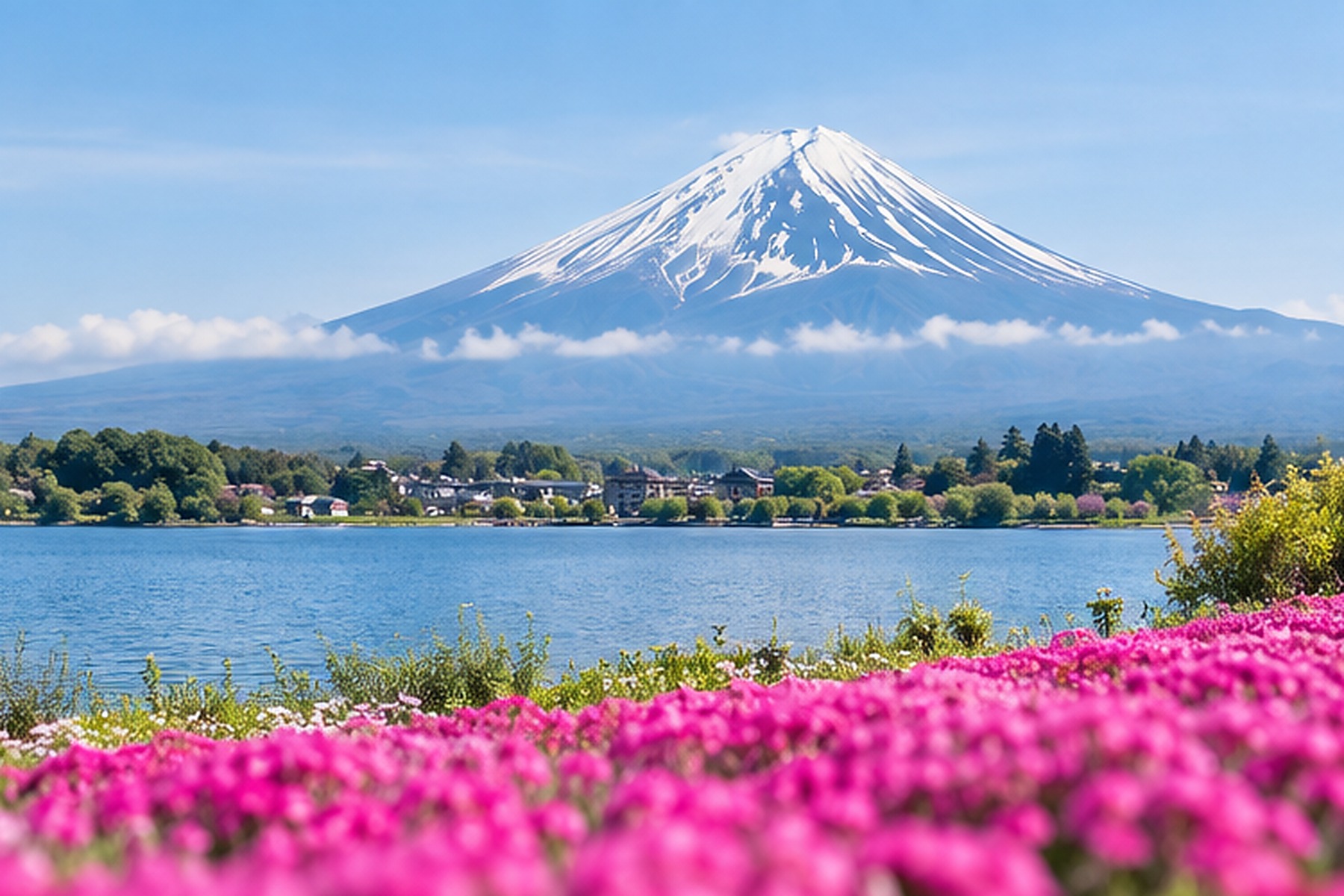 Mount Fuji above a lake and bright spring flowers in Japan