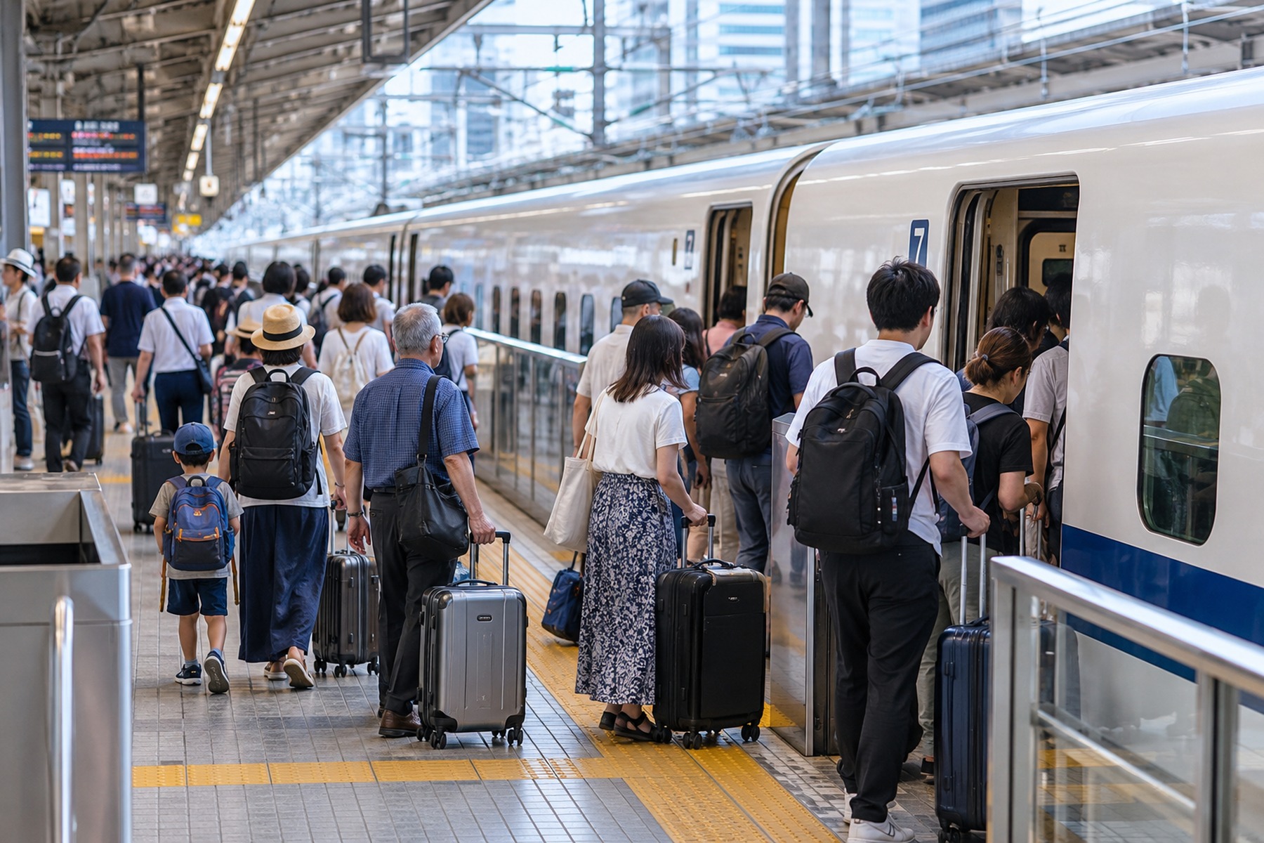 Travelers with luggage boarding a crowded Shinkansen platform in Japan