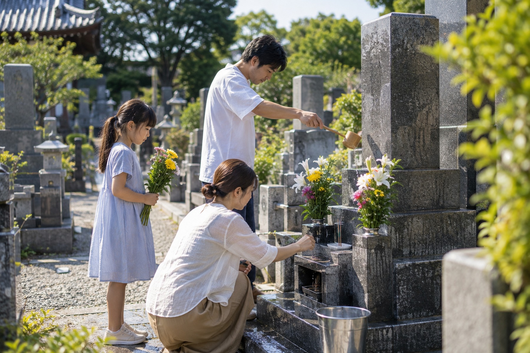 Family cleaning a Japanese grave and arranging flowers during a summer remembrance visit