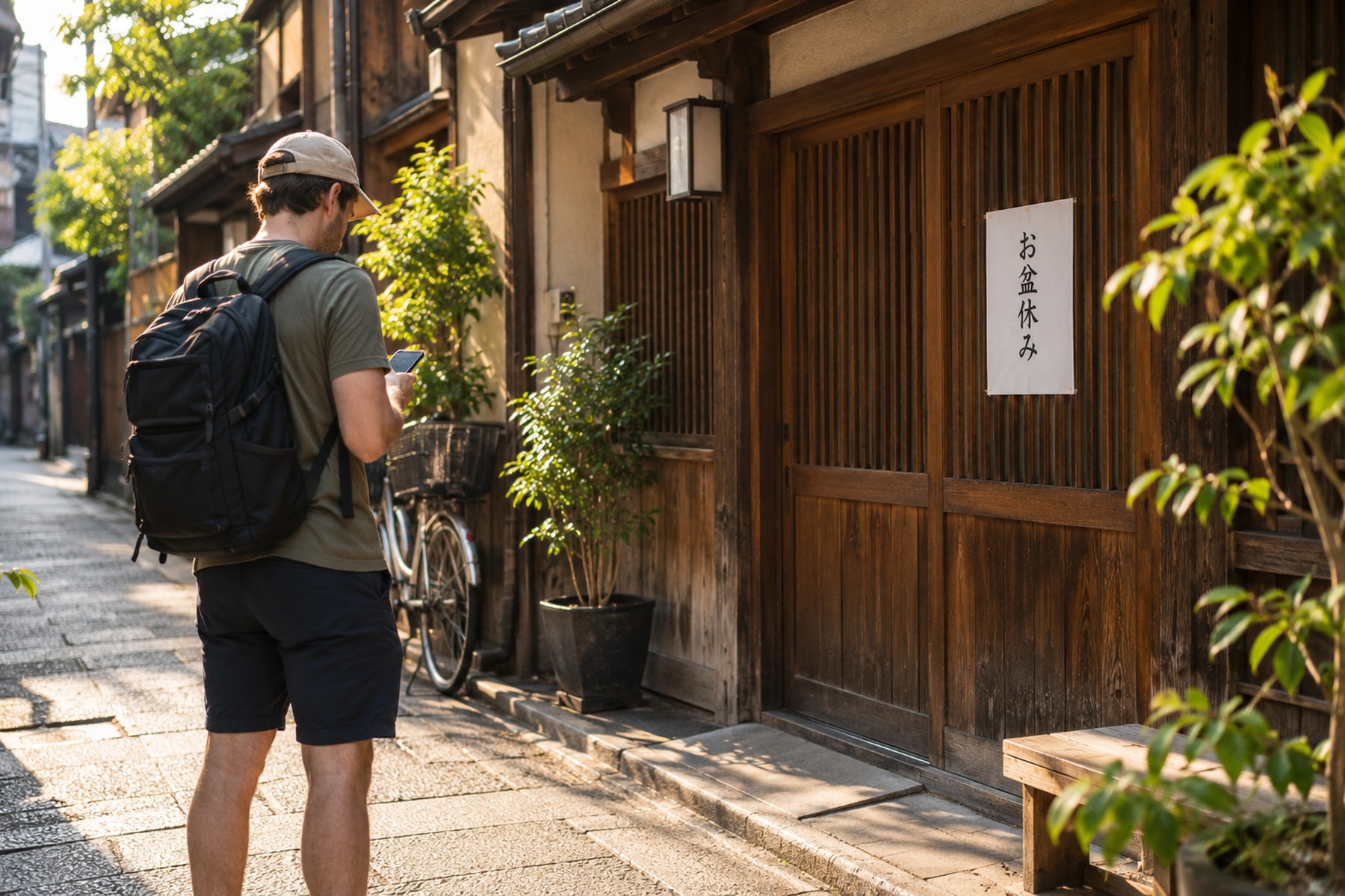 Traveler outside a wooden Japanese storefront displaying an Obon holiday notice