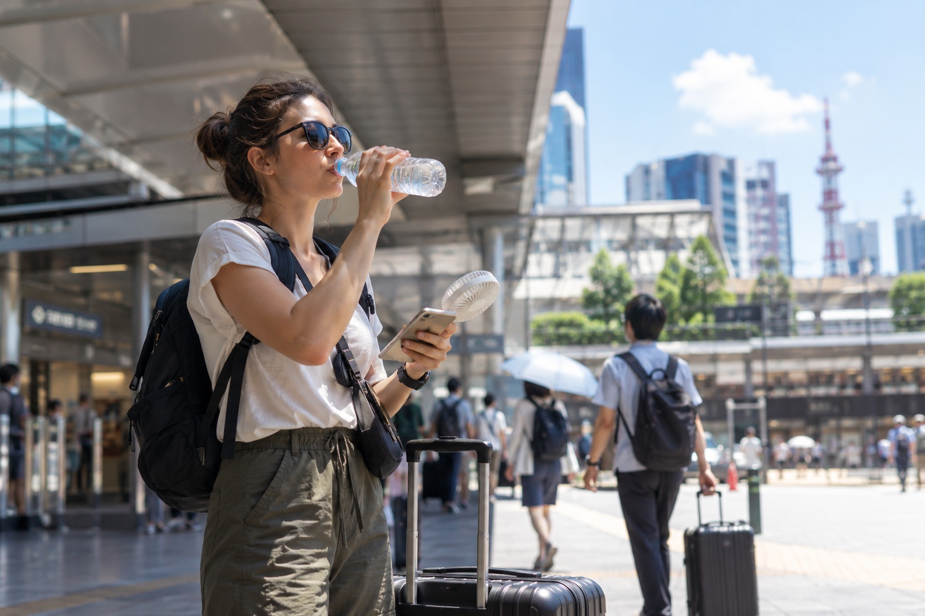 Traveler drinking water beside luggage at a Japanese station on a hot summer day