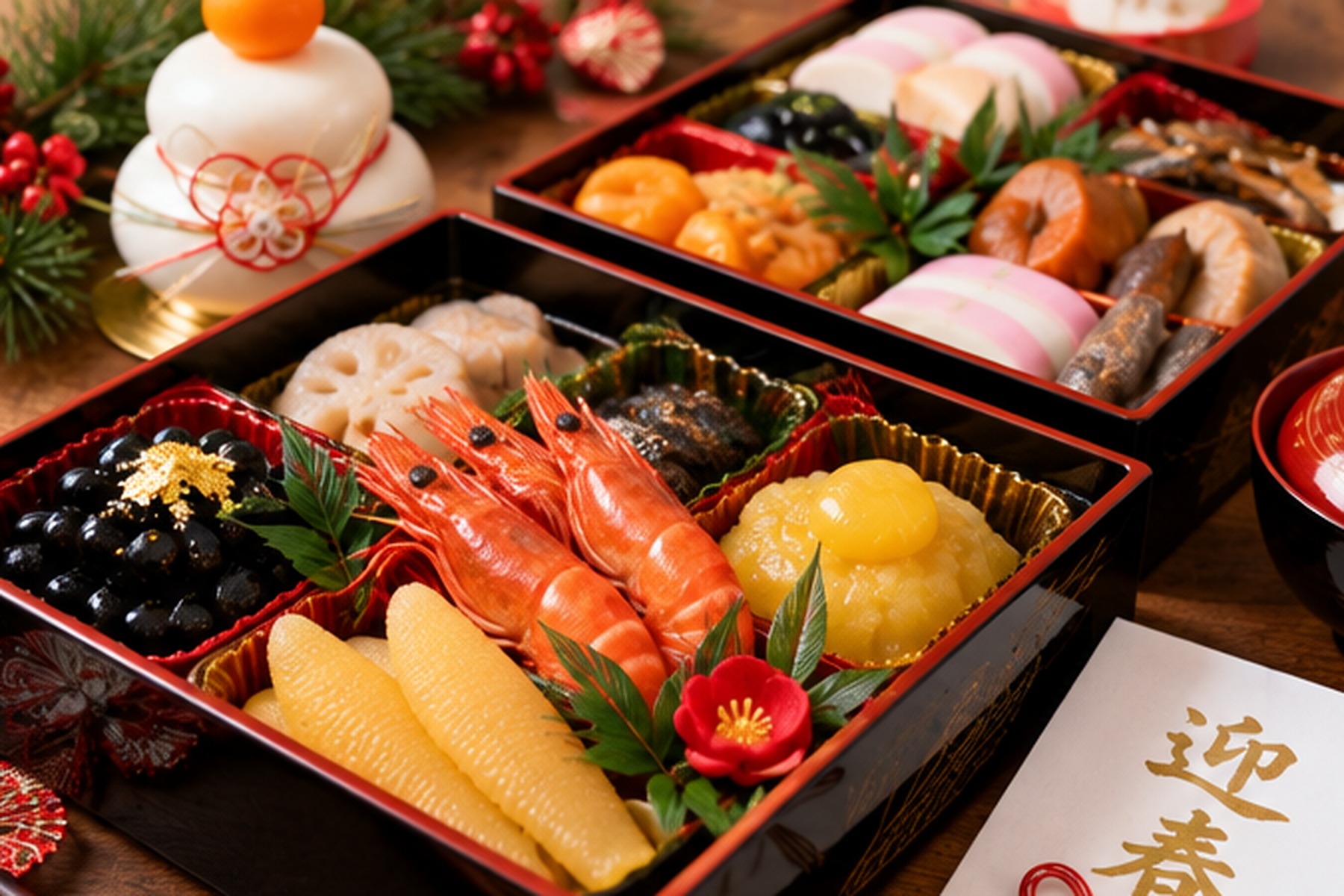 Traditional Japanese osechi New Year food arranged in lacquered boxes