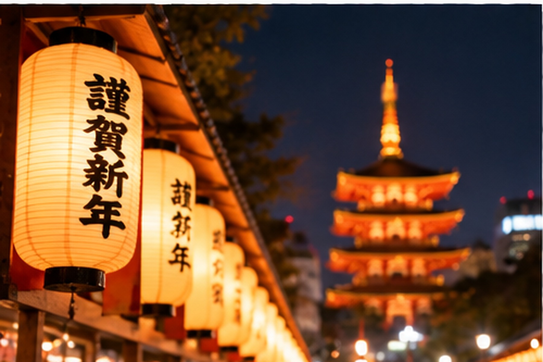 Lantern-lit Japanese temple street on New Year’s Eve
