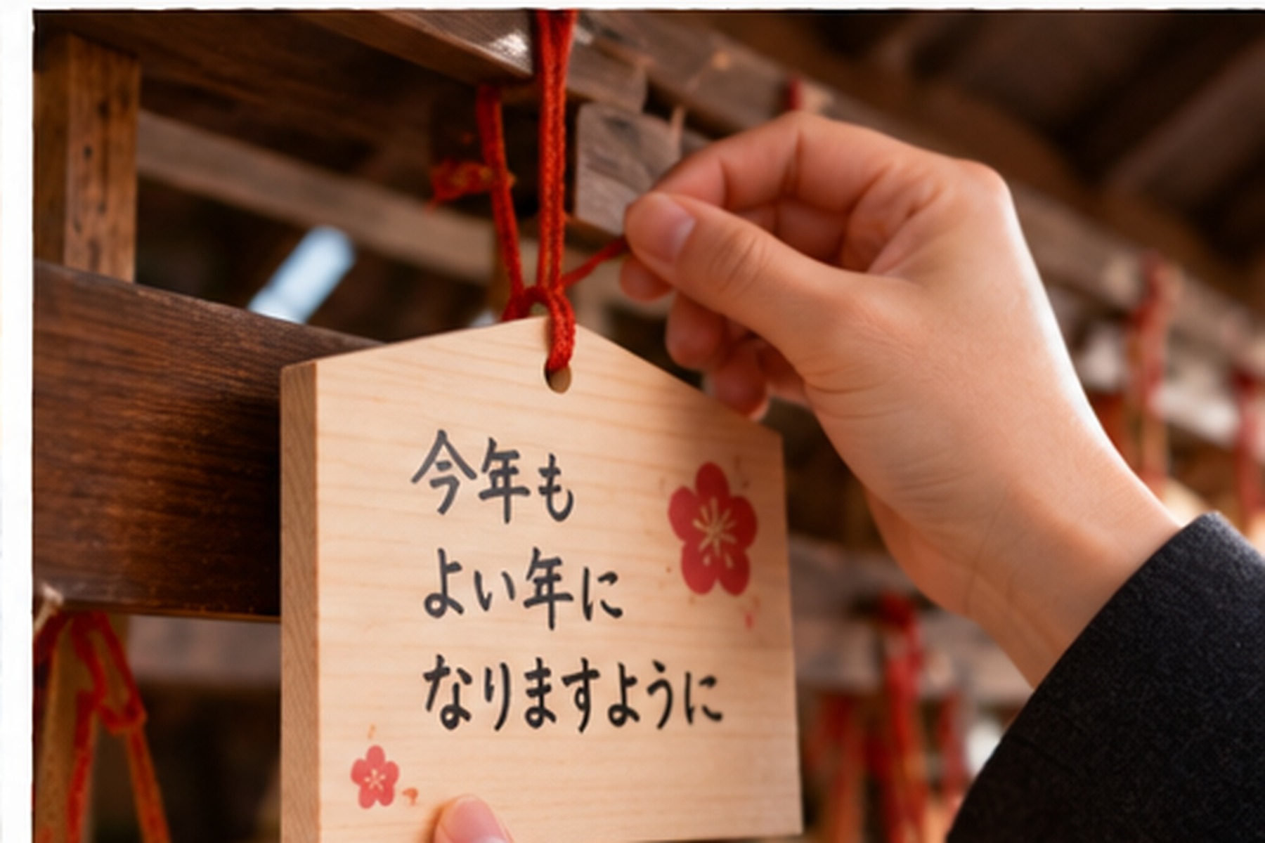Visitor hanging an ema prayer plaque at a Japanese shrine during New Year