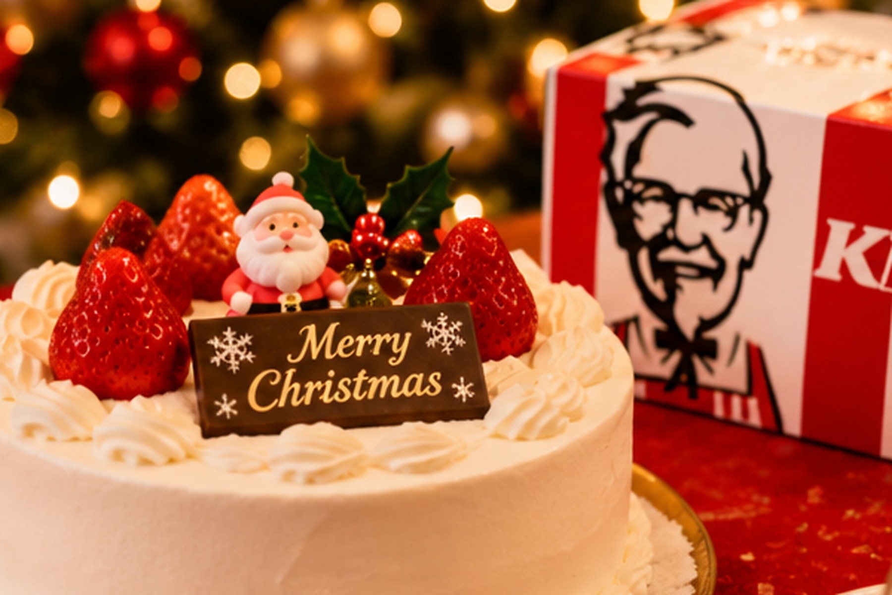 Japanese strawberry Christmas cake beside a fried-chicken Christmas package