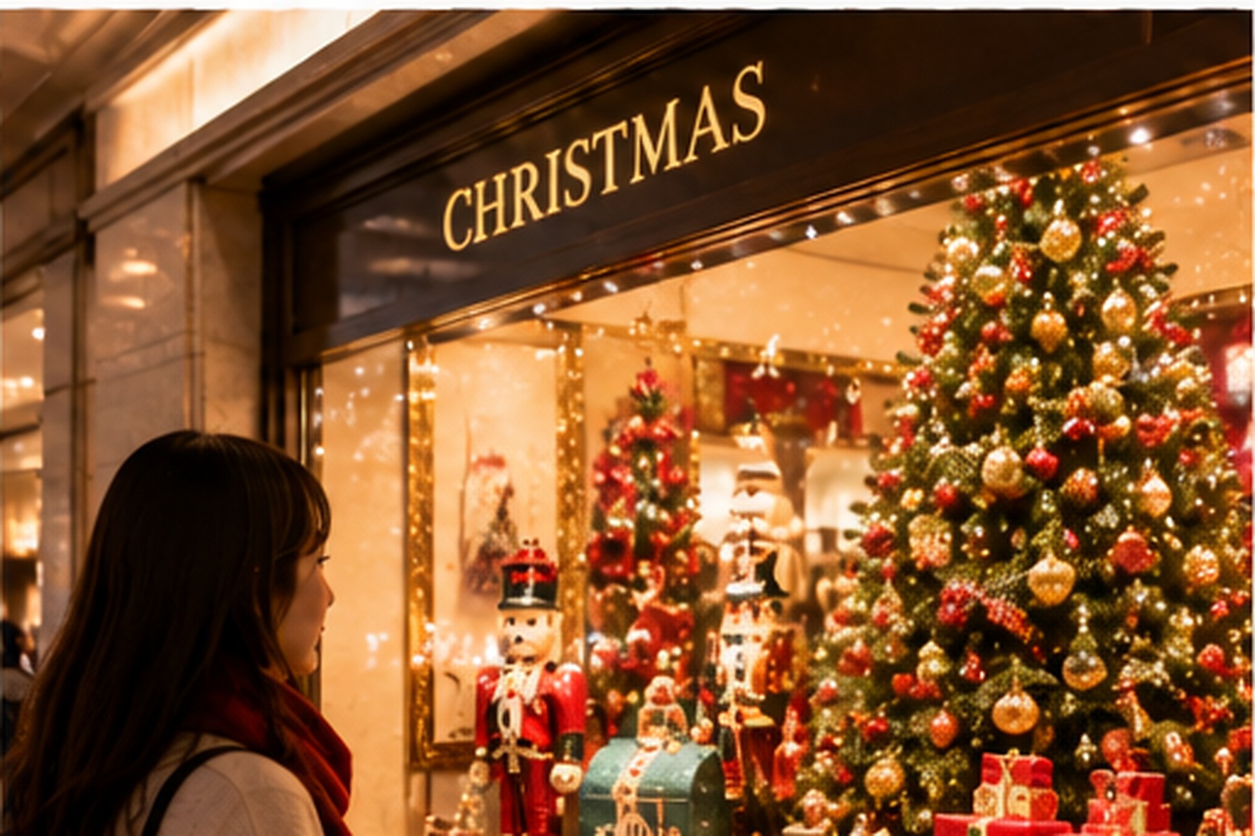 Traveler looking at an elaborate Christmas display in a Japanese shopping district