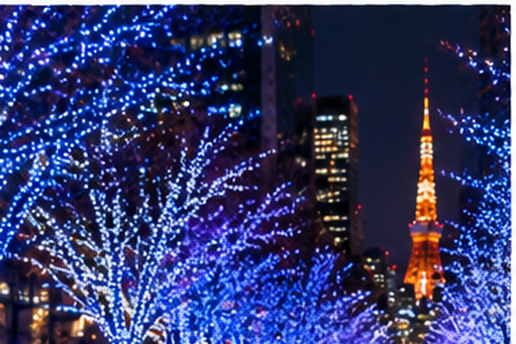 Blue winter illumination trees with Tokyo Tower in the distance