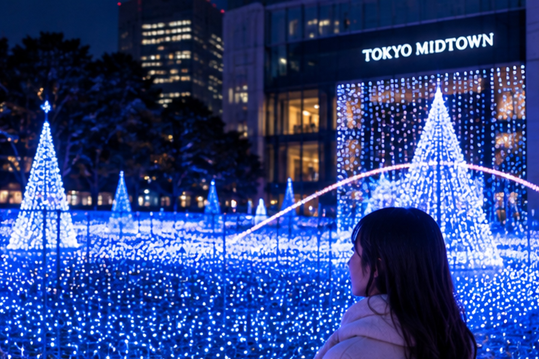 Blue winter illumination display in a modern Tokyo shopping district