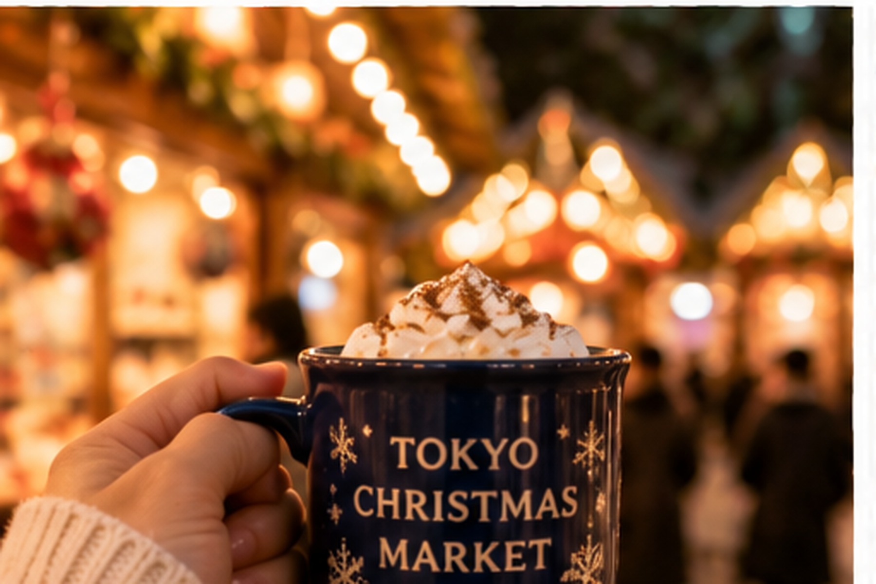 Hot drink at a Japanese winter market beside glowing lights