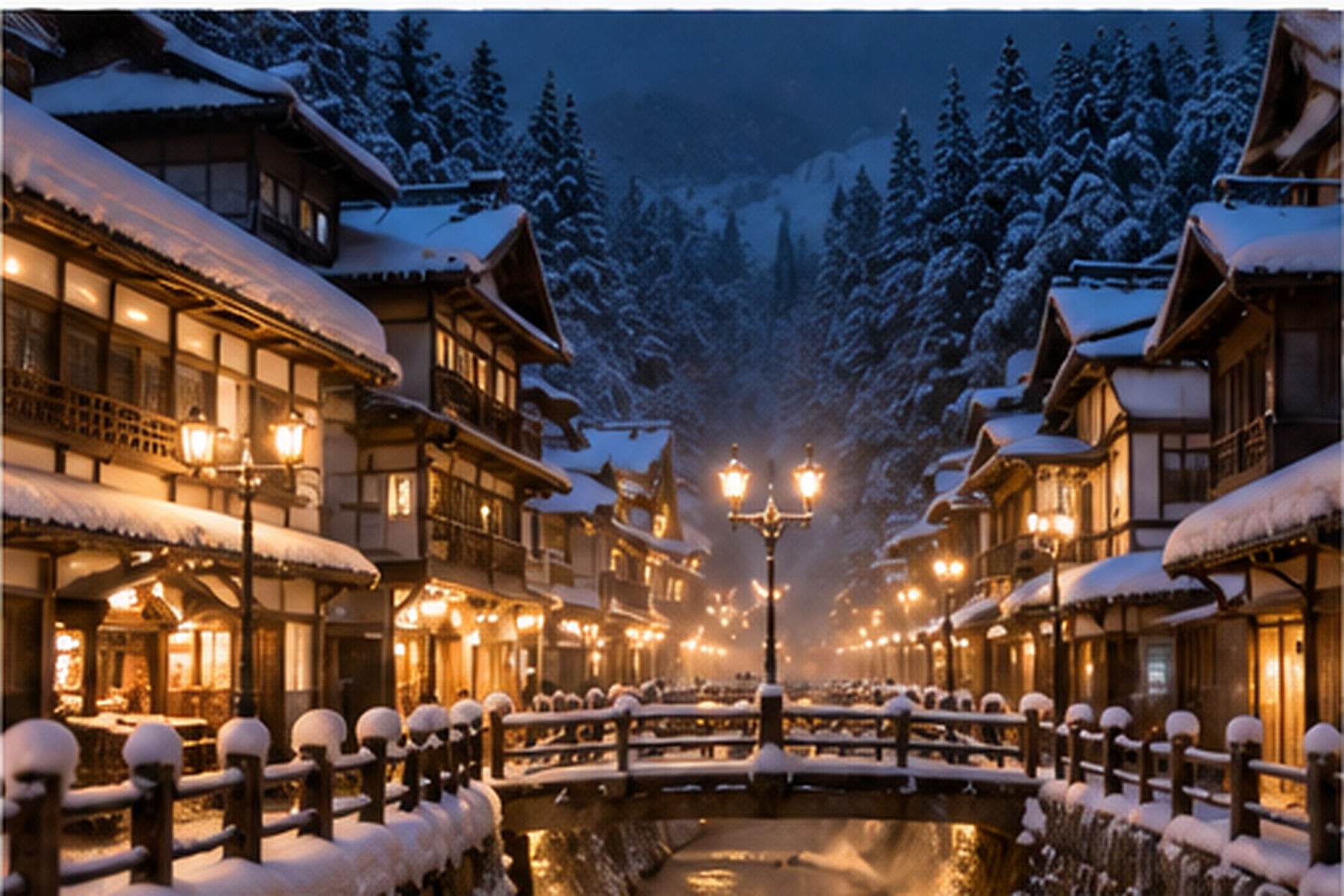 Snow-covered traditional Japanese street illuminated at night