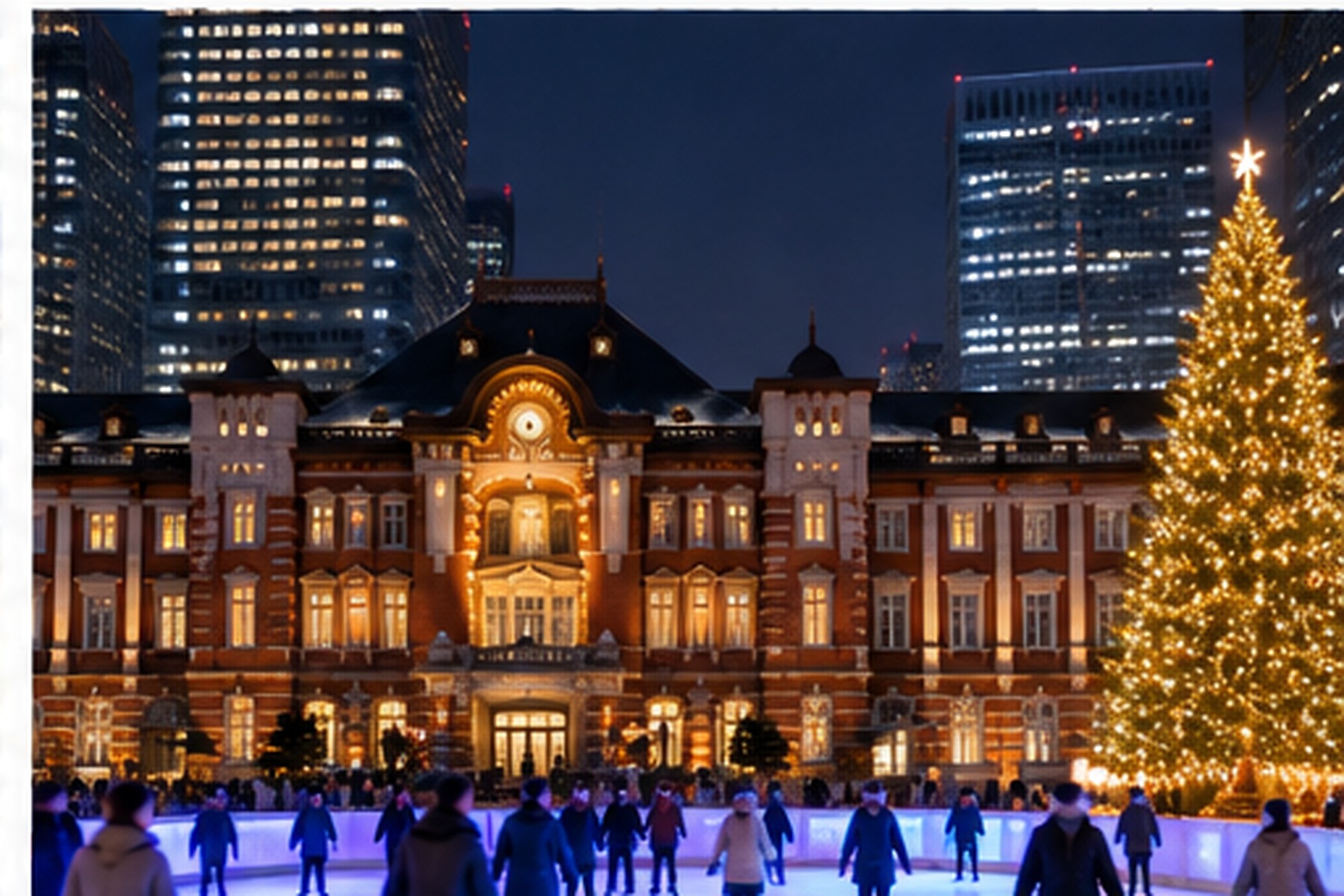Winter ice rink and illuminated city landmark in central Tokyo