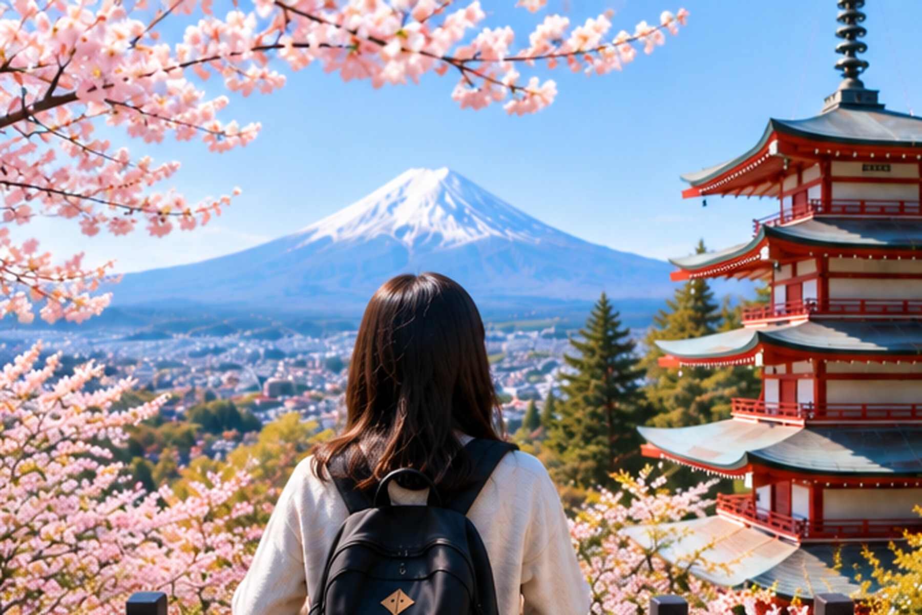 Traveler looking at Mount Fuji and a Japanese pagoda during a Japan trip