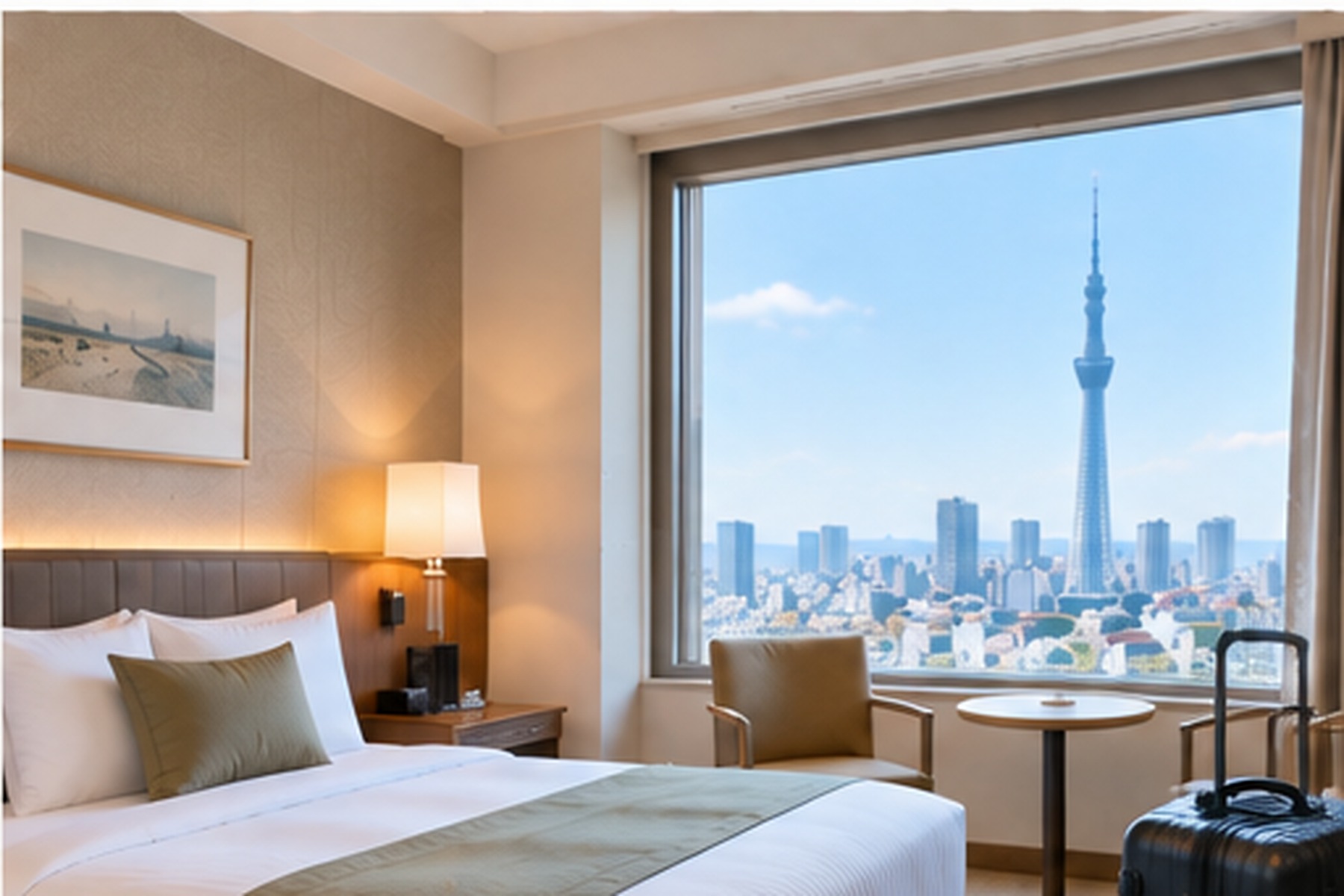 Compact city hotel room in Japan with a skyline view