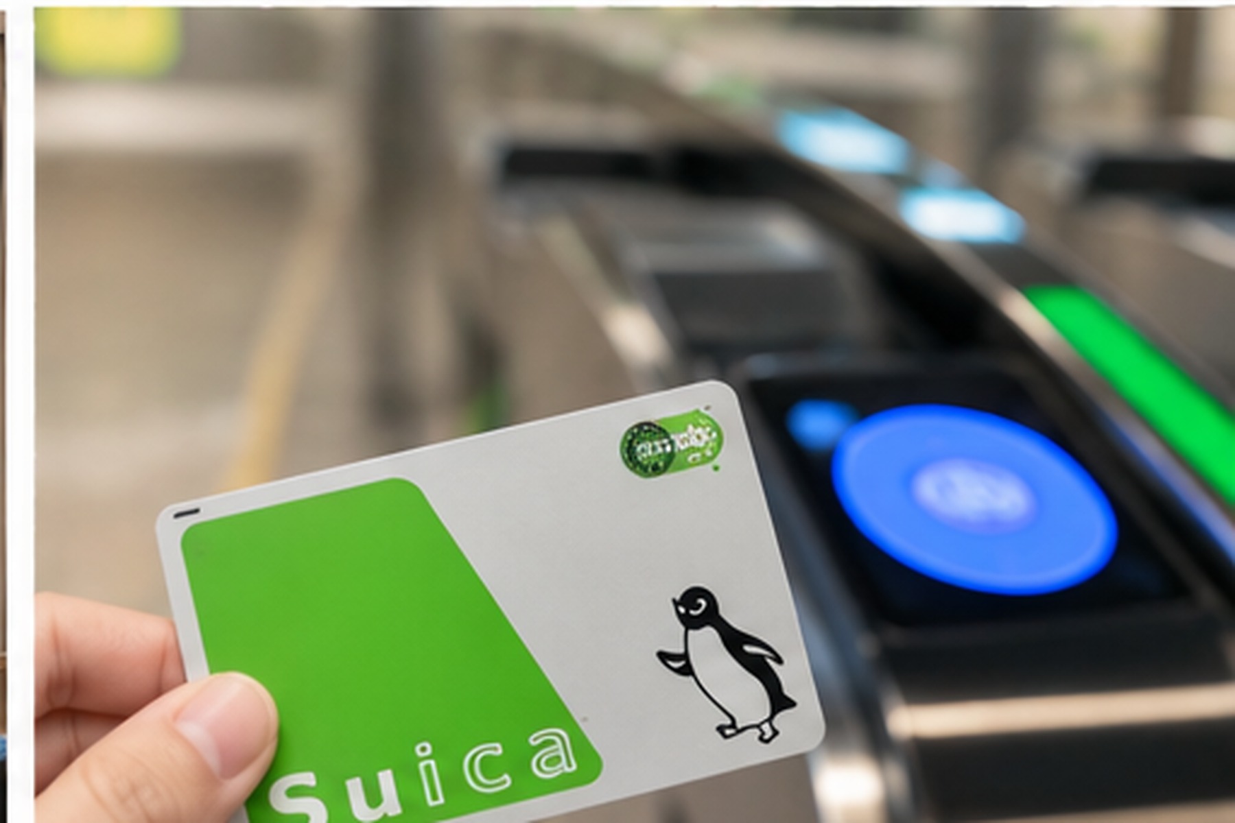 Traveler using a Suica card at a Japanese railway ticket gate