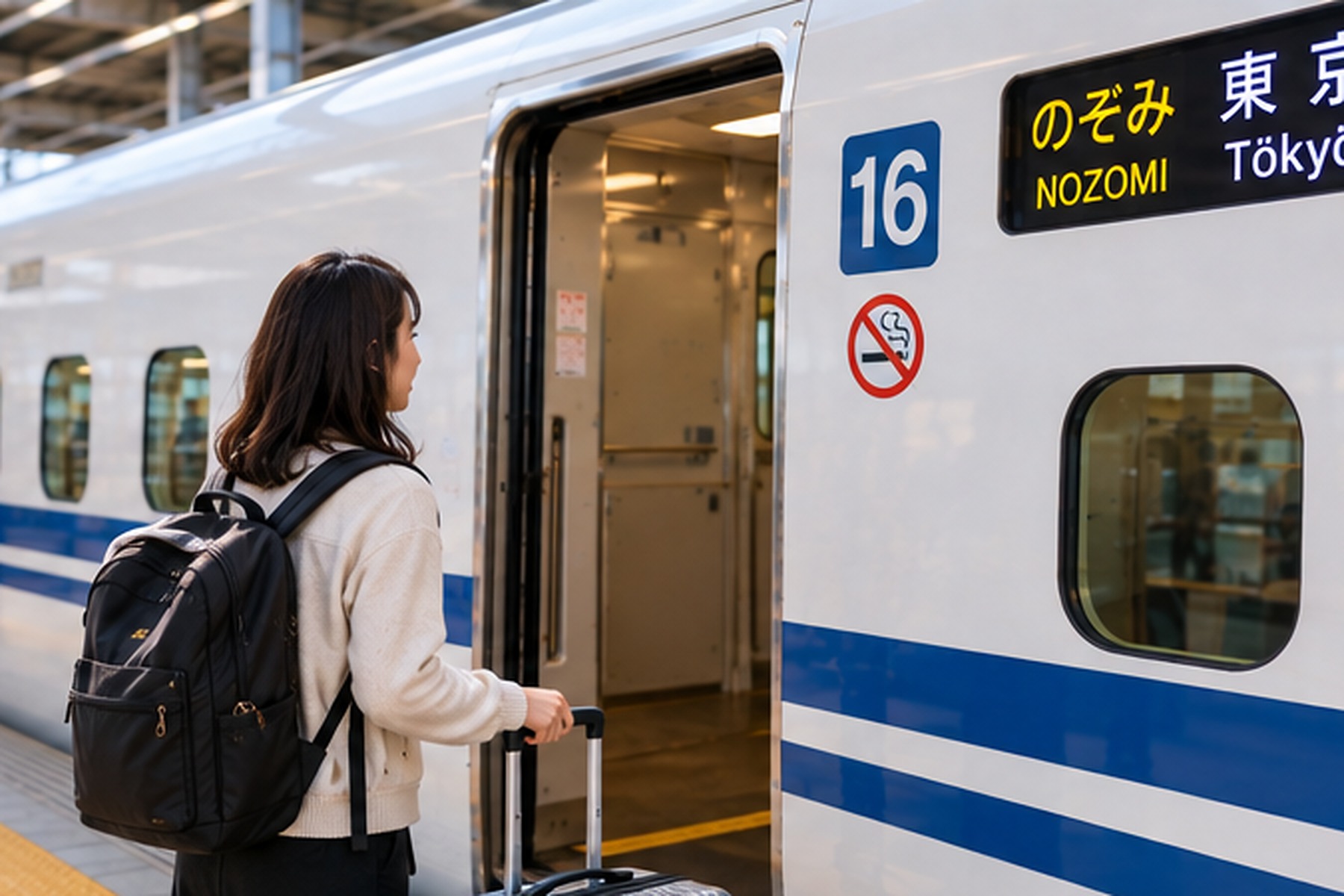 Solo traveler boarding a Shinkansen with luggage