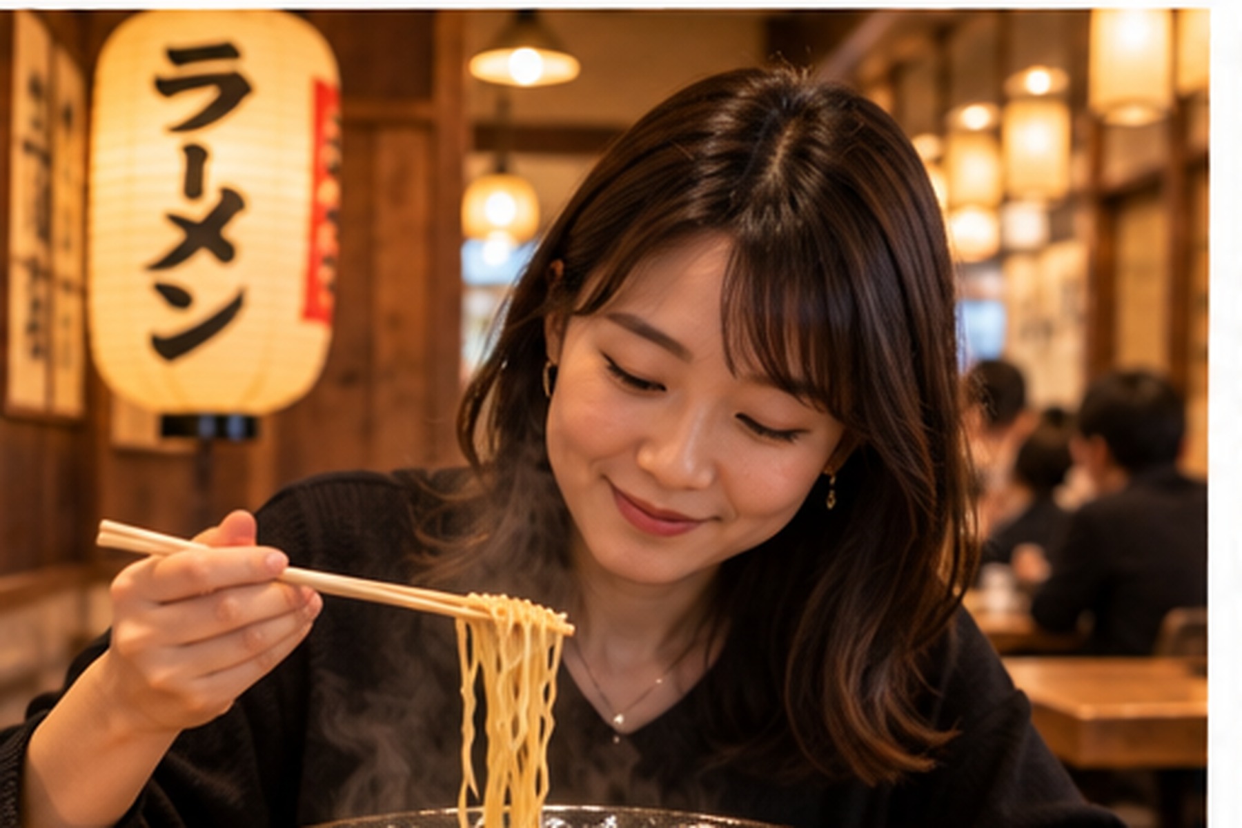 Solo traveler eating ramen at a counter in Japan