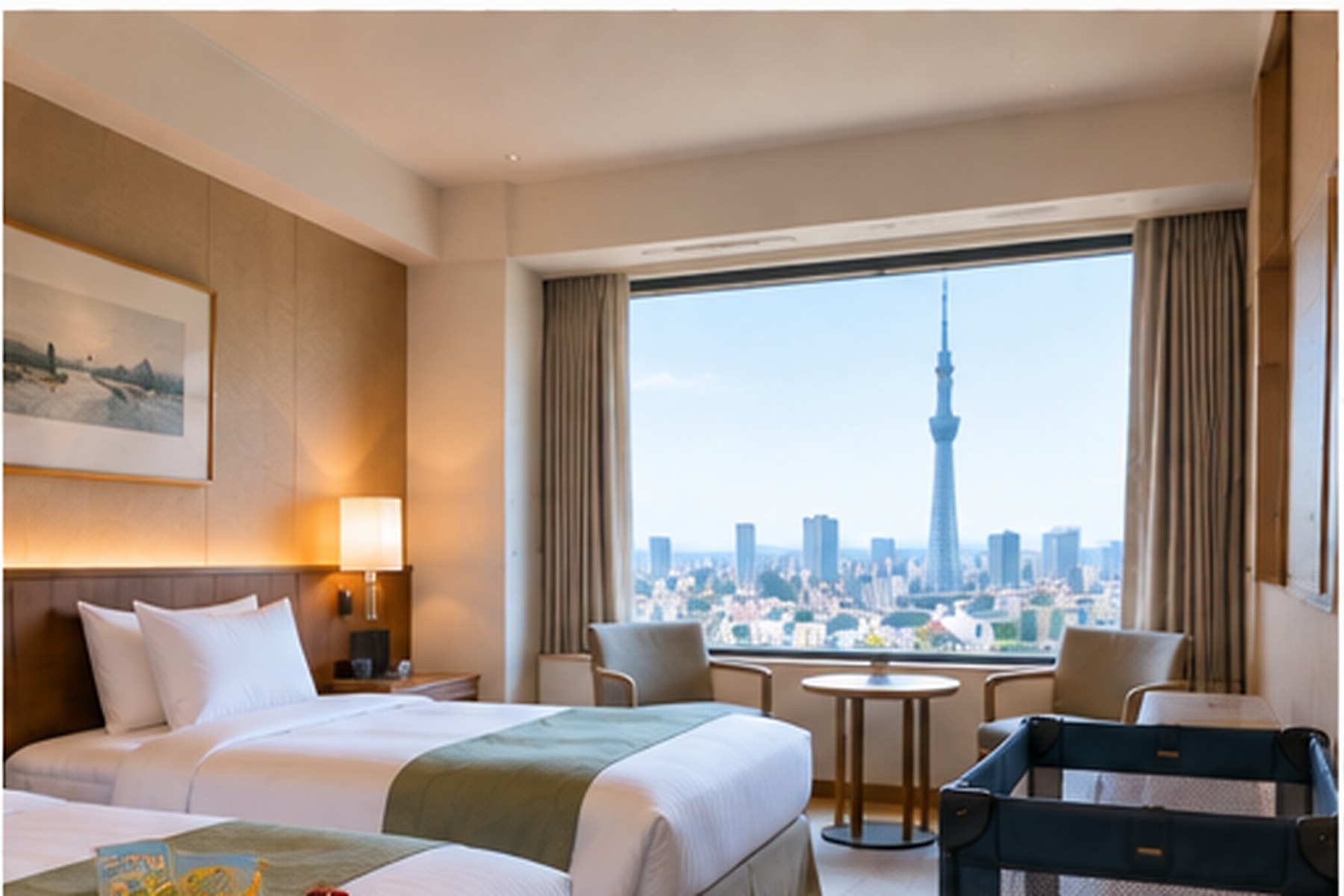 Tokyo family hotel room with twin beds and a travel cot